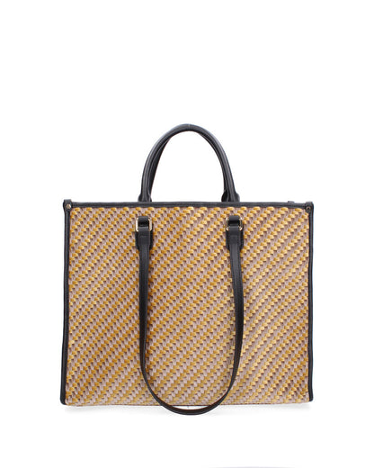 Yellow Geometric Woven Tote with Black Handles