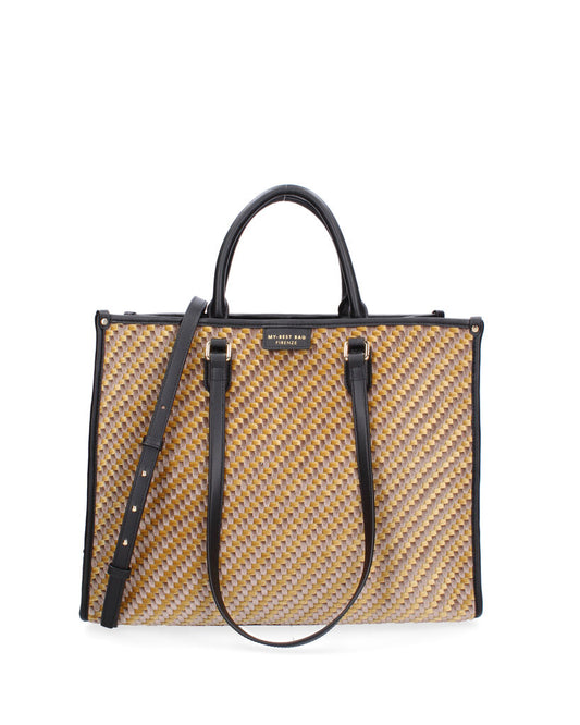 Yellow Geometric Woven Tote with Black Handles