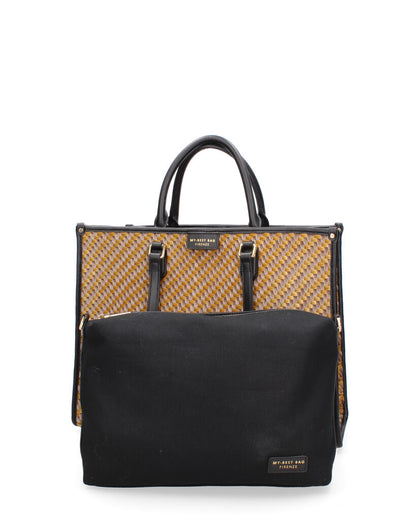 Yellow Geometric Woven Tote with Black Handles