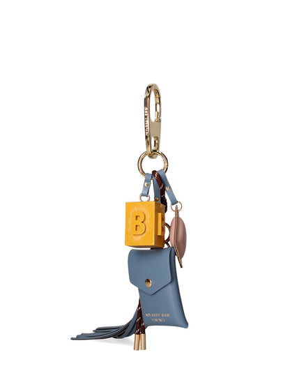 Blue Leather Charm Keyring with Gold Accents