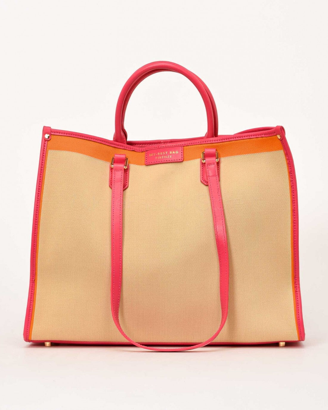 Beige Canvas Tote Bag with Pink Trim