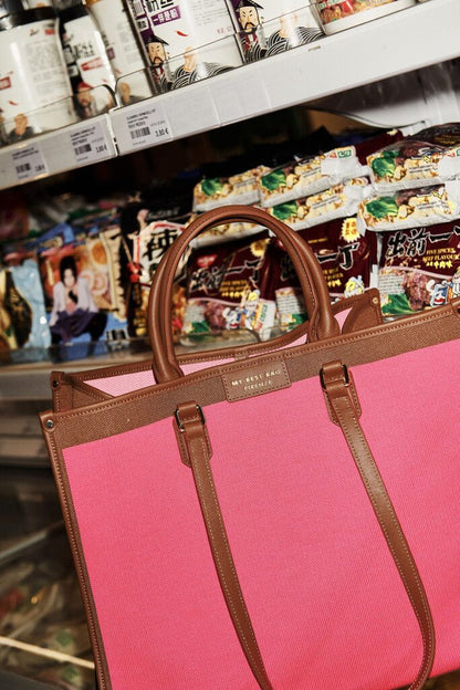Pink Canvas Tote with Brown Leather Trim