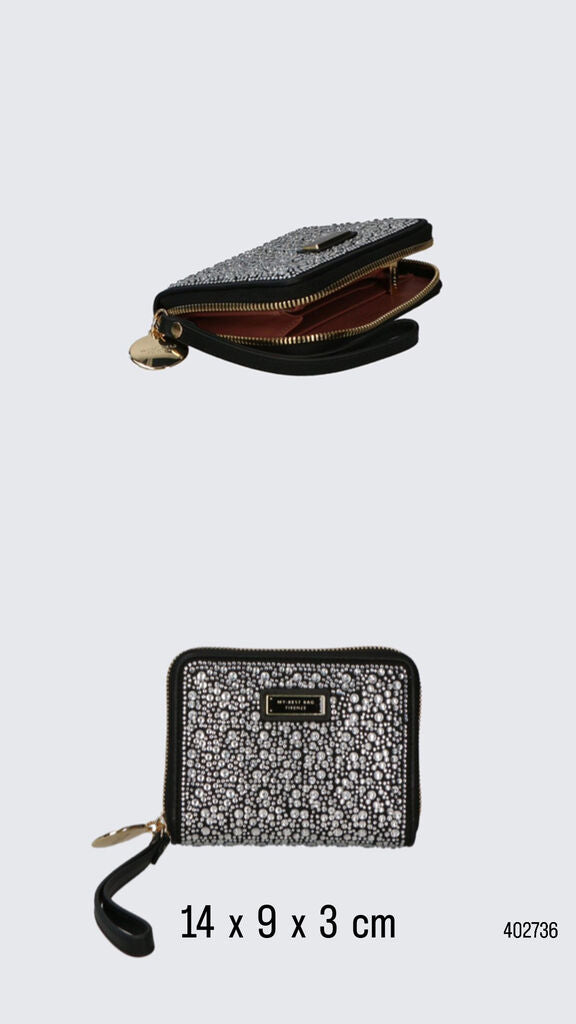 Black Textured Compact Wallet with Gold Accents