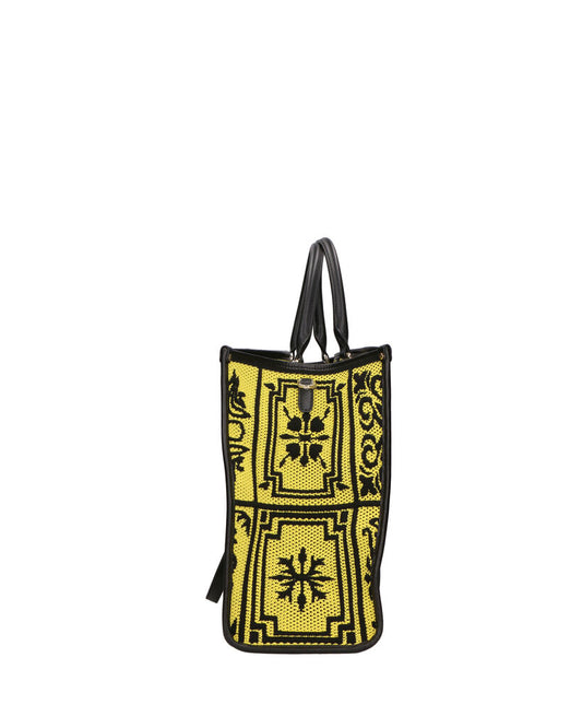 Yellow Knit Tote with Intricate Black Patterns