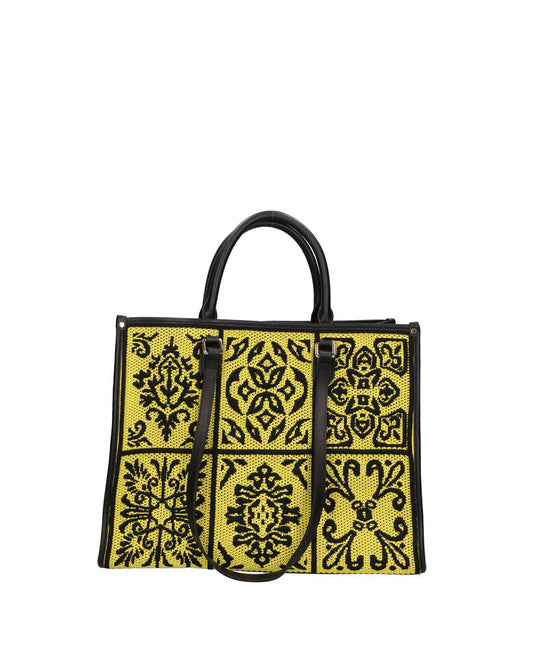 Yellow Knit Tote with Intricate Black Patterns