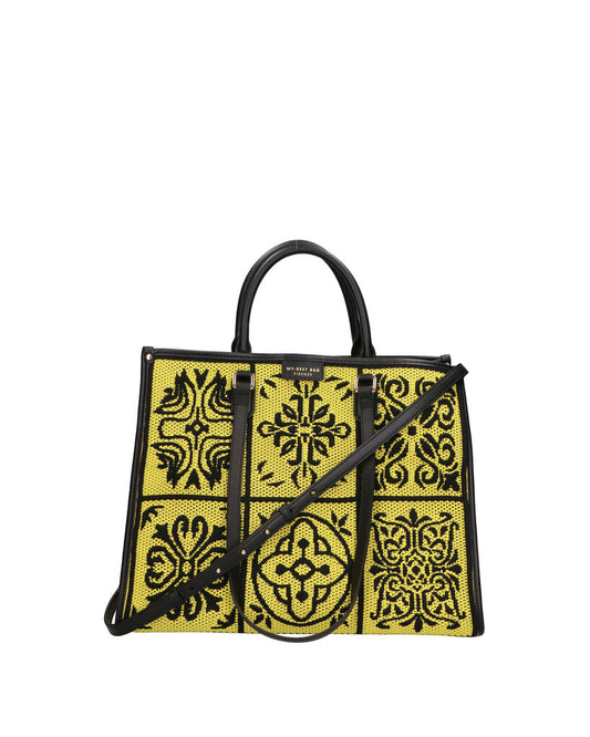 Yellow Knit Tote with Intricate Black Patterns