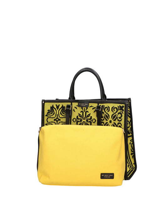 Yellow Knit Tote with Intricate Black Patterns
