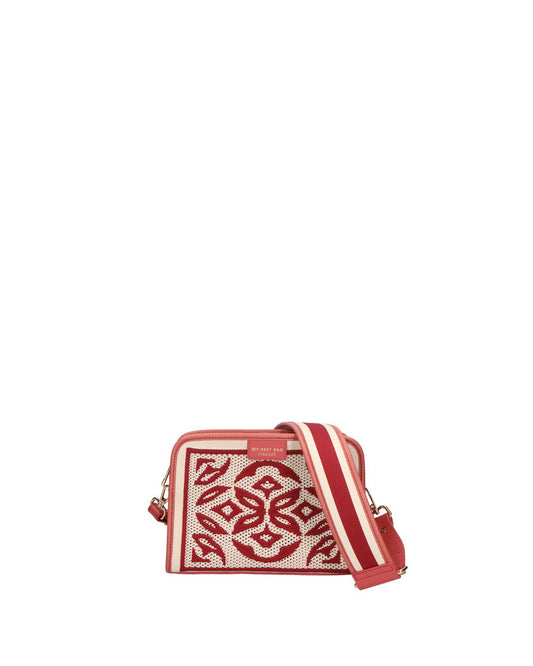Red and Beige Woven Crossbody Bag with Geometric Design