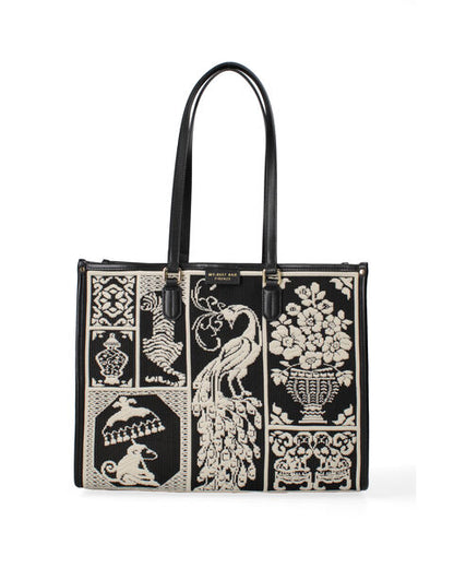 Black Embroidered Tote Bag with Elegant Motif