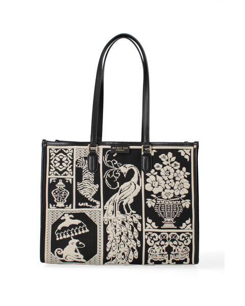 Black Embroidered Tote Bag with Elegant Motif