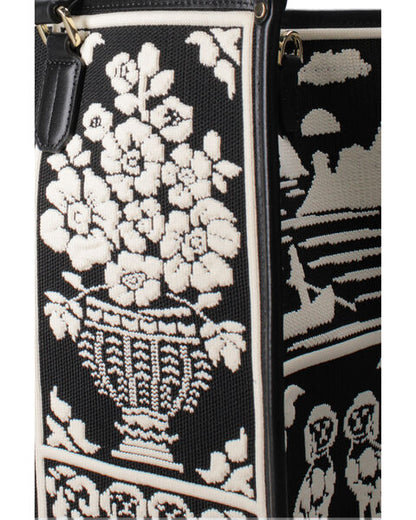 Black Embroidered Tote Bag with Elegant Motif
