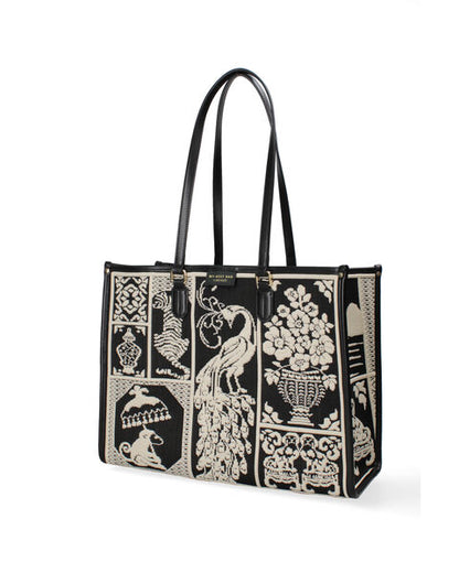 Black Embroidered Tote Bag with Elegant Motif