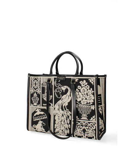 Black Embroidered Tote Bag with Elegant Motif