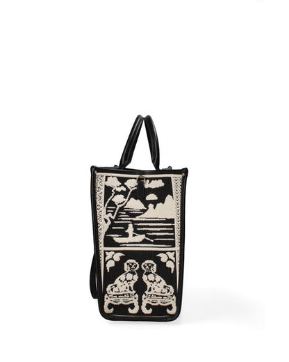Black Embroidered Tote Bag with Elegant Motif