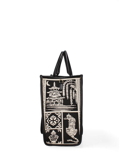 Black Embroidered Tote Bag with Elegant Motif
