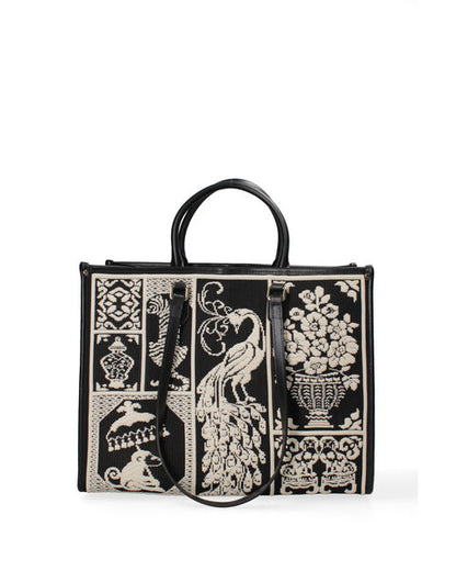 Black Embroidered Tote Bag with Elegant Motif