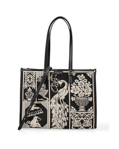 Black Embroidered Tote Bag with Elegant Motif