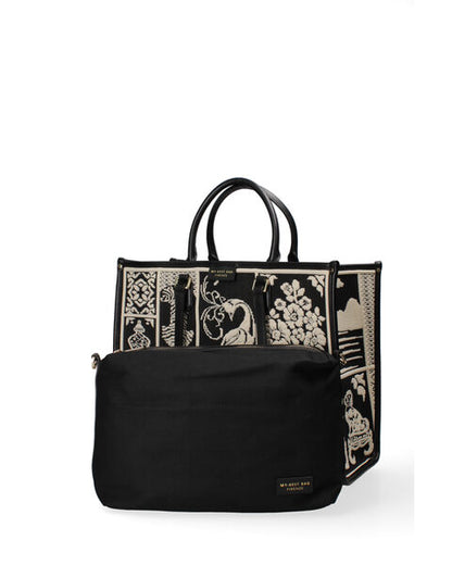 Black Embroidered Tote Bag with Elegant Motif