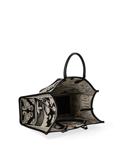 Black Embroidered Tote Bag with Elegant Motif