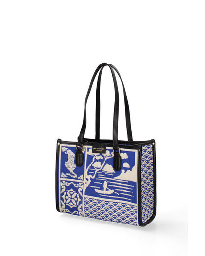 Blue Geometric Knit Tote with Black Handles