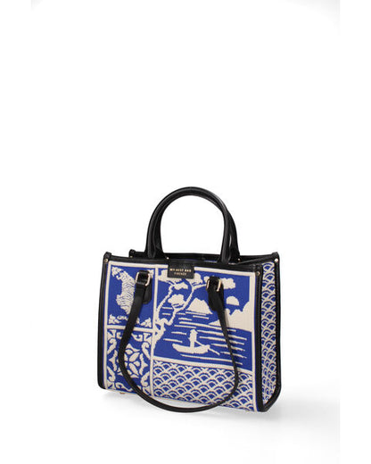 Blue Geometric Knit Tote with Black Handles