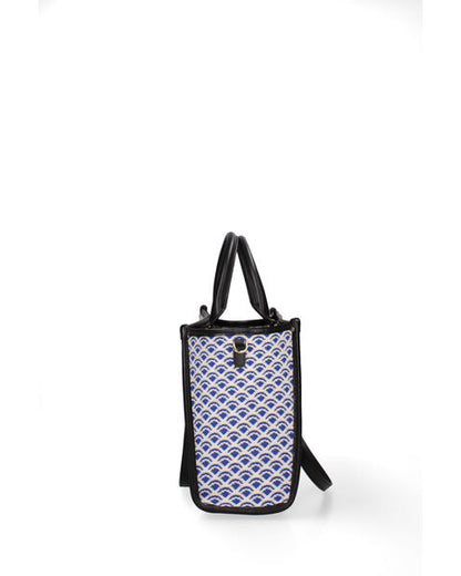 Blue Geometric Knit Tote with Black Handles