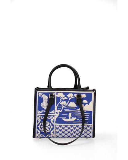 Blue Geometric Knit Tote with Black Handles
