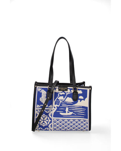 Blue Geometric Knit Tote with Black Handles