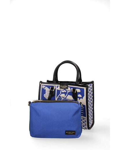 Blue Geometric Knit Tote with Black Handles