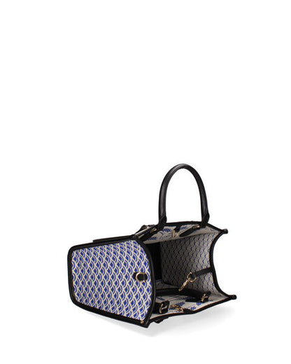 Blue Geometric Knit Tote with Black Handles