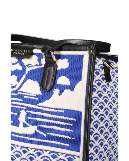 Blue Geometric Knit Tote with Black Handles