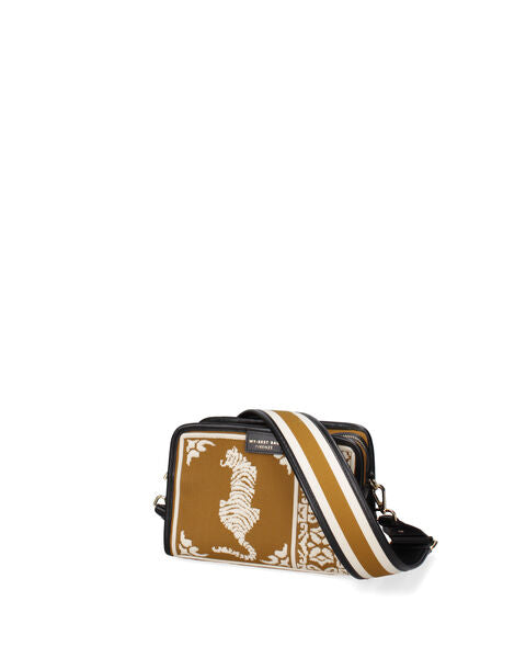 Brown Embroidered Crossbody Bag with Wide Strap