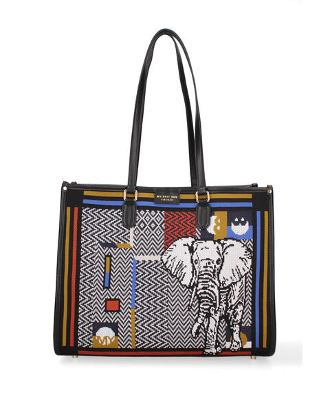 Multicolor Geometric Print Tote with Elephant Design