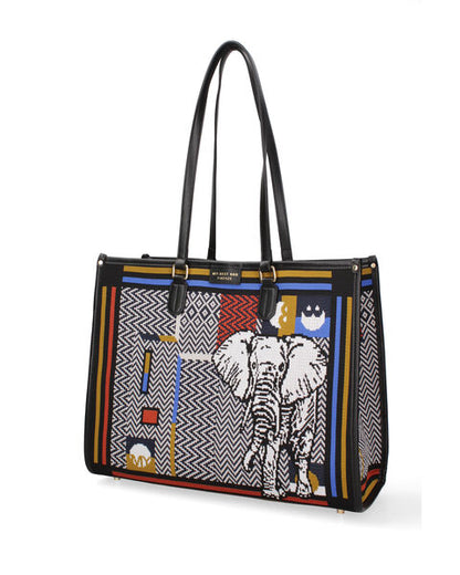 Multicolor Geometric Print Tote with Elephant Design