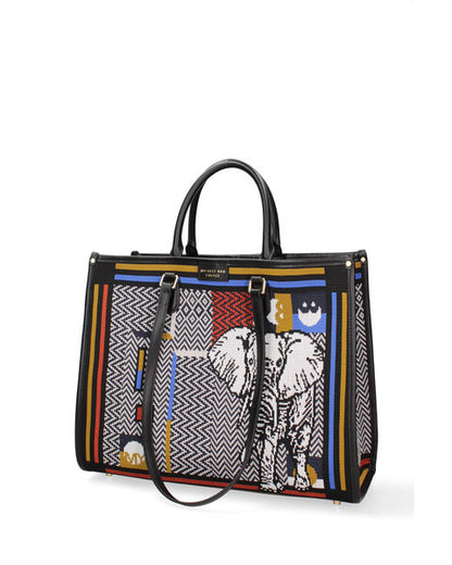 Multicolor Geometric Print Tote with Elephant Design
