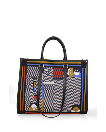 Multicolor Geometric Print Tote with Elephant Design