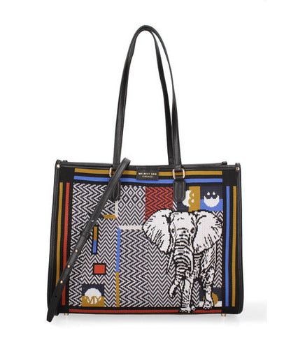 Multicolor Geometric Print Tote with Elephant Design