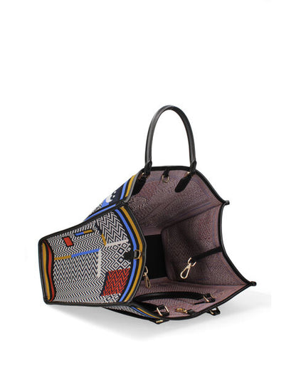 Multicolor Geometric Print Tote with Elephant Design