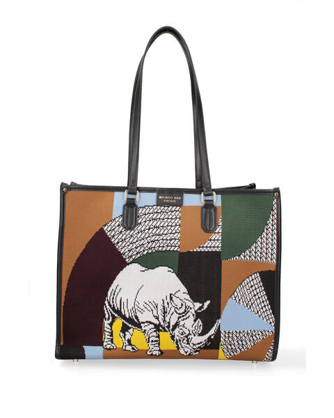Multicolor Canvas Tote Bag with Rhino Design