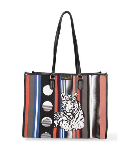 Multicolor Woven Tote Bag with Bold Tiger Design