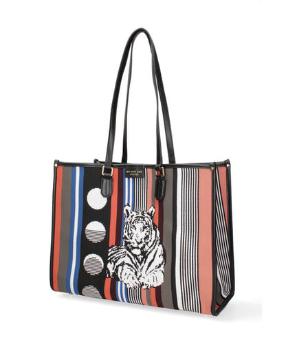 Multicolor Woven Tote Bag with Bold Tiger Design
