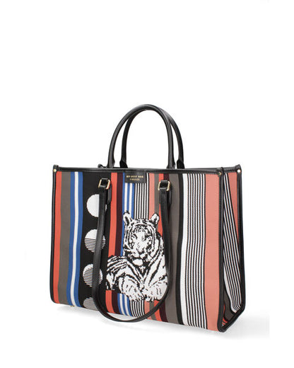 Multicolor Woven Tote Bag with Bold Tiger Design
