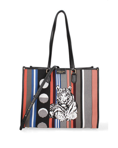 Multicolor Woven Tote Bag with Bold Tiger Design