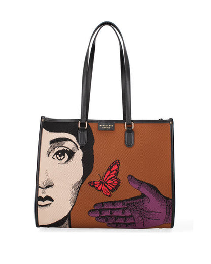 Brown Canvas Tote Bag with Artistic Print