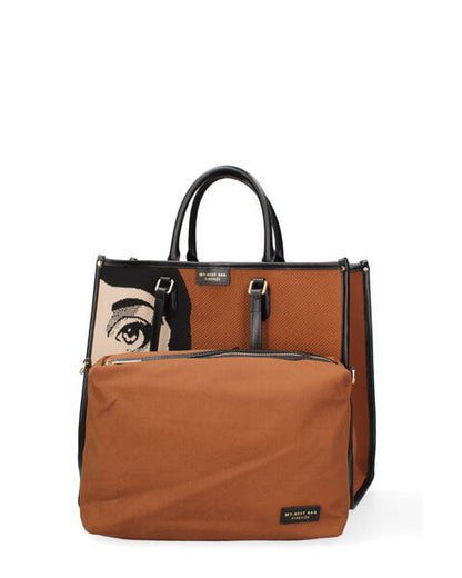 Brown Canvas Tote Bag with Artistic Print
