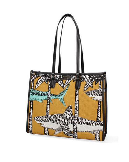 Mustard Graphic Tote with Shark Pattern