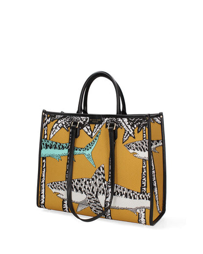 Mustard Graphic Tote with Shark Pattern