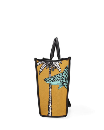 Mustard Graphic Tote with Shark Pattern
