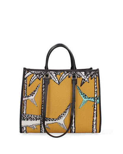 Mustard Graphic Tote with Shark Pattern