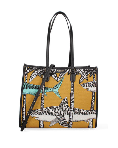 Mustard Graphic Tote with Shark Pattern